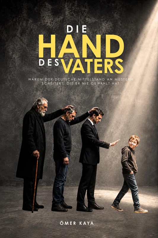 Cover von Die Hand des Vaters: vier Generationen von Männern, jeder legt dem Jüngeren die Hand auf den Kopf, ein Junge geht ins Licht