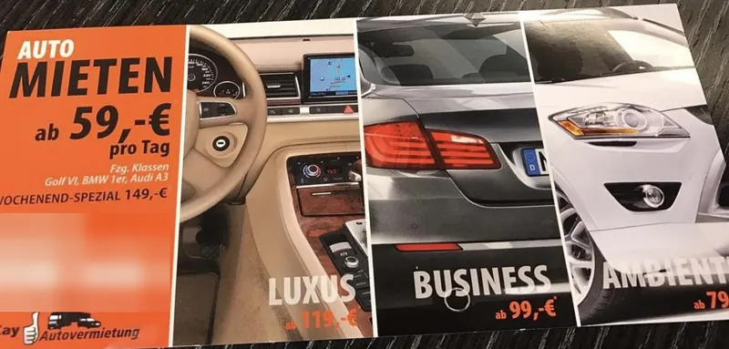 Flyer der OKay Autovermietung mit Preisen ab 59 Euro pro Tag