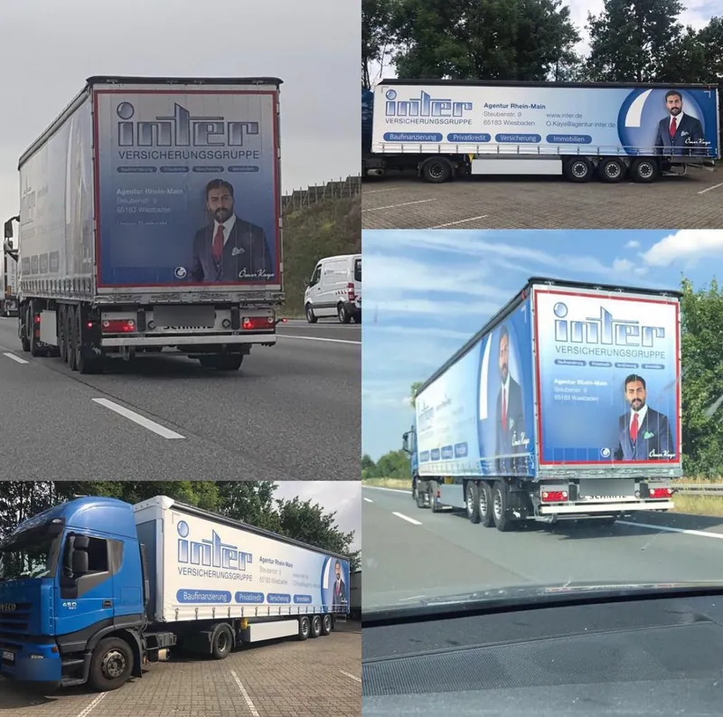 Lkw-Auflieger mit Werbung der Inter Versicherungsgruppe und dem Bild von Ömer Kaya