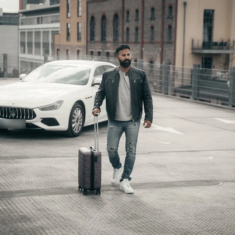 Ömer Kaya in Lederjacke zieht einen Koffer über einen Parkplatz, dahinter ein weißer Wagen